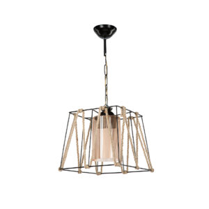 GloboStar® GATSBY 203-0007 Vintage Κρεμαστό Φωτιστικό Σχοινί Μονόφωτο 1 x E27 IP20 Μαύρο Μέταλλο με Μπεζ Σχοινί – Μ25 x Π25 x Υ55cm
