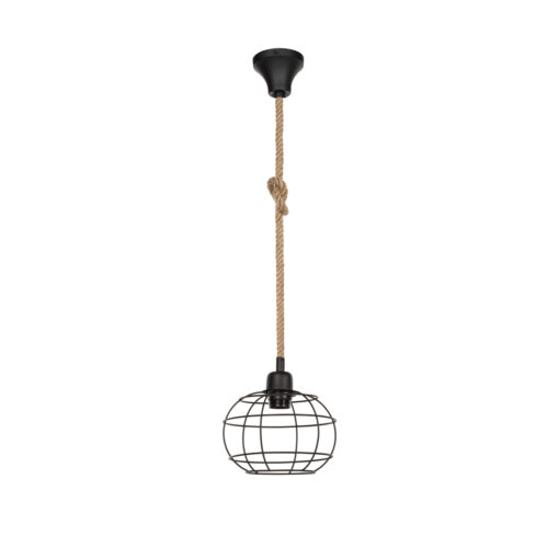 GloboStar® TALAH 203-0008 Vintage Κρεμαστό Φωτιστικό Σχοινί Μονόφωτο 1 x E27 IP20 Μαύρο Μέταλλο με Μπεζ Σχοινί – Μ14 x Π14 x Υ61.5cm