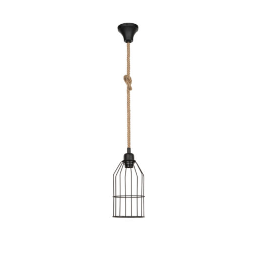 GloboStar® TALAH 203-0009 Vintage Κρεμαστό Φωτιστικό Σχοινί Μονόφωτο 1 x E27 IP20 Μαύρο Μέταλλο με Μπεζ Σχοινί – Μ14 x Π14 x Υ90cm