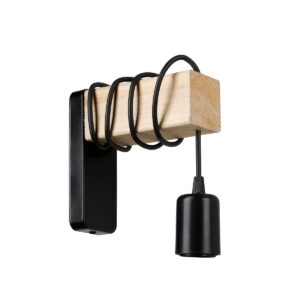 GloboStar® XYLO 203-0014 Μοντέρνο Επιτοίχιο Φωτιστικό Απλίκα Μονόφωτο 1 x E27 IP20 Μαύρο Πλαστικό με Μπεζ Ξύλο Βάση – Μ16.5 x Π4 x Υ19cm