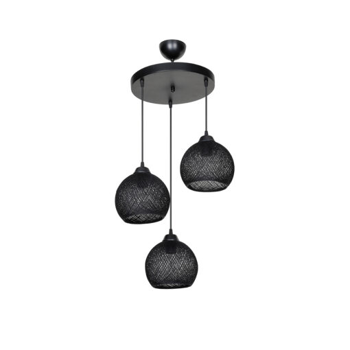 GloboStar® YASAM 203-0022 Vintage Κρεμαστό Φωτιστικό Σχοινί Τρίφωτο 3 x E27 IP20 Μαύρο Σχοινί – Μ35 x Π35 x Υ80cm