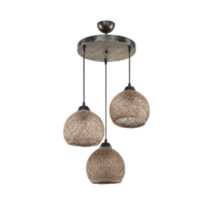 GloboStar® YASAM 203-0025 Vintage Κρεμαστό Φωτιστικό Σχοινί Τρίφωτο 3 x E27 IP20 Καφέ Σχοινί – Μ35 x Π35 x Υ80cm
