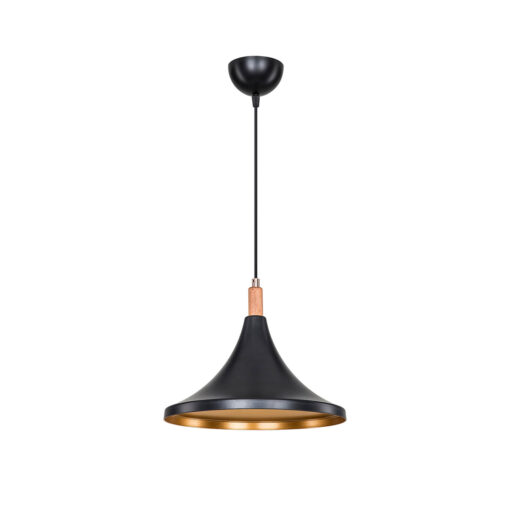 GloboStar® BELFRY 203-0077 Μοντέρνο Κρεμαστό Φωτιστικό Καμπάνα Μονόφωτο 1 x E27 IP20 Μαύρο με Χρυσό Πλαστικό – Μ29.5 x Π29.5 x Υ90cm