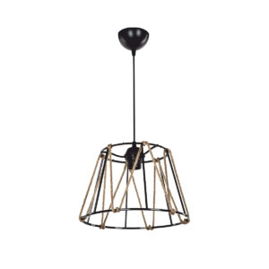 GloboStar® JUTE 203-0090 Μοντέρνο Κρεμαστό Φωτιστικό Σχοινί Μονόφωτο 1 x E27 IP20 Μαύρο Μεταλλό με Μπεζ Σχοινί – Μ30 x Π30 x Υ75cm