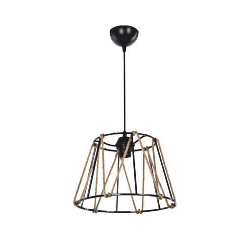 GloboStar® JUTE 203-0090 Μοντέρνο Κρεμαστό Φωτιστικό Σχοινί Μονόφωτο 1 x E27 IP20 Μαύρο Μεταλλό με Μπεζ Σχοινί – Μ30 x Π30 x Υ75cm