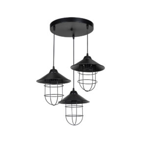 GloboStar® CAGE 203-0097 Vintage Κρεμαστό Φωτιστικό Καμπάνα Τρίφωτο 3 x E27 IP20 Μαύρο Μέταλλο – Μ30 x Π30 x Υ80cm