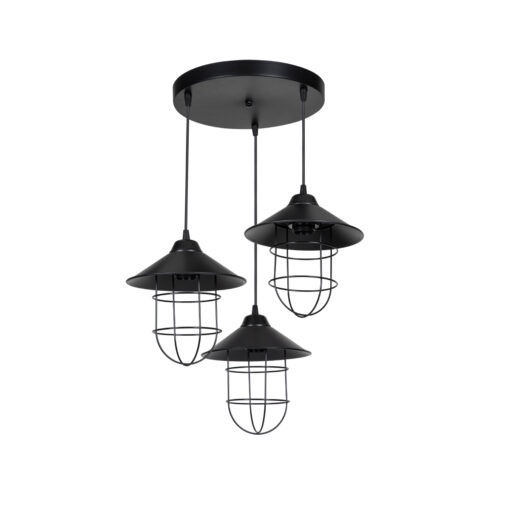 GloboStar® CAGE 203-0097 Vintage Κρεμαστό Φωτιστικό Καμπάνα Τρίφωτο 3 x E27 IP20 Μαύρο Μέταλλο – Μ30 x Π30 x Υ80cm