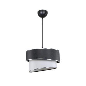 GloboStar® SONIA 203-0118 Μοντέρνο Κρεμαστό Φωτιστικό Καπέλο Μονόφωτο 1 x E27 IP20 Μαύρο & Λευκό Ύφασμα με Ασημί Λεπτομέρεια – Μ30 x Π30 x Υ90 cm
