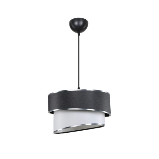 GloboStar® SONIA 203-0118 Μοντέρνο Κρεμαστό Φωτιστικό Καπέλο Μονόφωτο 1 x E27 IP20 Μαύρο & Λευκό Ύφασμα με Ασημί Λεπτομέρεια – Μ30 x Π30 x Υ90 cm