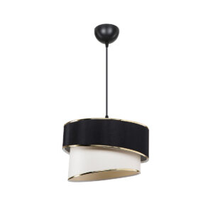 GloboStar® SONIA 203-0120 Μοντέρνο Κρεμαστό Φωτιστικό Καπέλο Μονόφωτο 1 x E27 IP20 Μαύρο & Μπεζ Ύφασμα με Χρυσή Λεπτομέρεια – Μ30 x Π30 x Υ90 cm