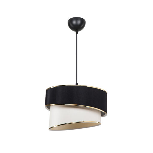 GloboStar® SONIA 203-0120 Μοντέρνο Κρεμαστό Φωτιστικό Καπέλο Μονόφωτο 1 x E27 IP20 Μαύρο & Μπεζ Ύφασμα με Χρυσή Λεπτομέρεια – Μ30 x Π30 x Υ90 cm