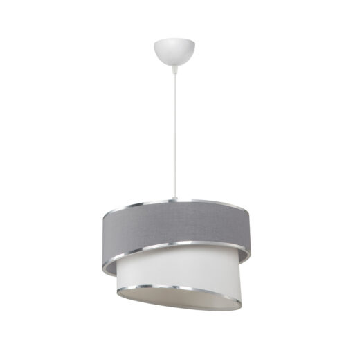 GloboStar® SONIA 203-0123 Μοντέρνο Κρεμαστό Φωτιστικό Καπέλο Μονόφωτο 1 x E27 IP20 Γκρι & Λευκό Ύφασμα με Ασημί Λεπτομέρεια – Μ30 x Π30 x Υ90 cm