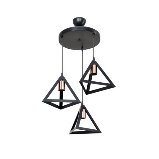 GloboStar® TRIANGLE 203-0162 Μοντέρνο Κρεμαστό Φωτιστικό Καμπάνα Τρίφωτο 3 x E27 IP20 Μαύρο με Χρυσό Πλαστικό – Μ50 x Π50 x Υ80cm
