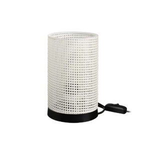 GloboStar® CYLINDER 203-0184 Μοντέρνο Επιτραπέζιο Φωτιστικό Μονόφωτο 1 x E27 IP20 Μαύρη Βάση με Λευκό Διάτρητο Υφασμα – Μ14 x Π14 x Υ21cm