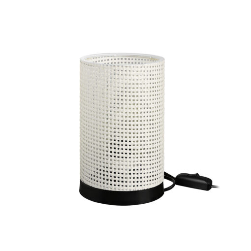 GloboStar® CYLINDER 203-0184 Μοντέρνο Επιτραπέζιο Φωτιστικό Μονόφωτο 1 x E27 IP20 Μαύρη Βάση με Λευκό Διάτρητο Υφασμα – Μ14 x Π14 x Υ21cm