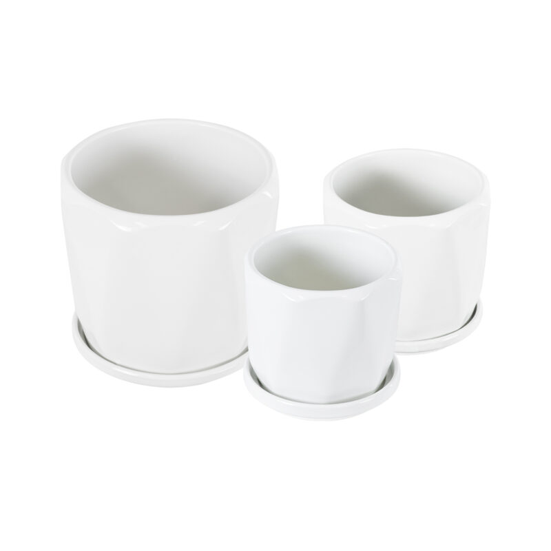 GloboStar® Artificial Garden KARPATHOS 20463 ΣΕΤ 3 Πήλινα Κεραμικά Κασπώ Γλάστρες – Flower Pots Λευκό A:Φ10cm x Υ10cm B:Φ13cm x Υ13.5cm C:Φ16cm x Υ16.5cm