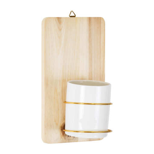 GloboStar® Artificial Garden IKARIA 20472 Επιτοίχιο Πήλινο Κεραμικό Κασπώ Γλάστρα με Ξύλινη Βάση – Flower Pot Μπεζ με Λευκό & Χρυσό Φ13cm x Υ23cm