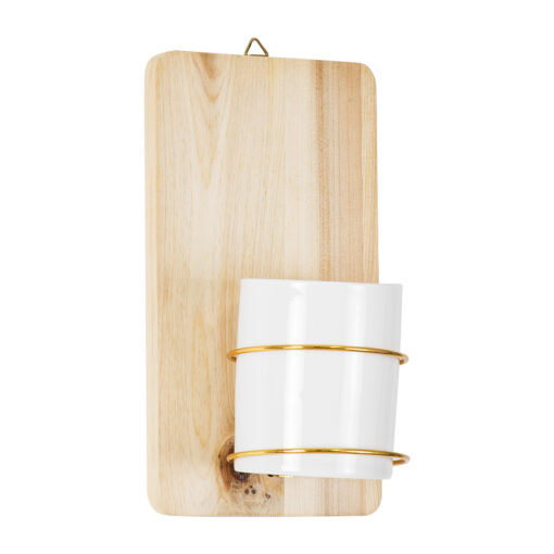 GloboStar® Artificial Garden IKARIA 20472 Επιτοίχιο Πήλινο Κεραμικό Κασπώ Γλάστρα με Ξύλινη Βάση – Flower Pot Μπεζ με Λευκό & Χρυσό Φ13cm x Υ23cm