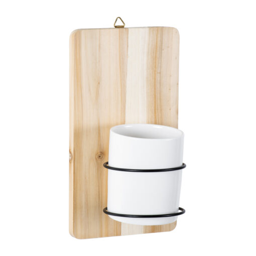 GloboStar® Artificial Garden SPETSES 20473 Επιτοίχιο Πήλινο Κεραμικό Κασπώ Γλάστρα με Ξύλινη Βάση – Flower Pot Μπεζ με Λευκό & Μαύρο Φ13cm x Υ23cm