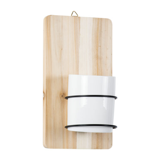 GloboStar® Artificial Garden SPETSES 20473 Επιτοίχιο Πήλινο Κεραμικό Κασπώ Γλάστρα με Ξύλινη Βάση – Flower Pot Μπεζ με Λευκό & Μαύρο Φ13cm x Υ23cm