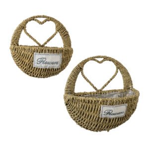 GloboStar® Artificial Garden MALTA 20478 ΣΕΤ 2 Επιτοίχια Ρατάν Πλεκτά Κασπώ Γλάστρες – Flower Pots Μπεζ A:Φ24cm x Υ14cm B:Φ30cm x Υ26cm