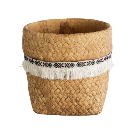 GloboStar® Artificial Garden MONTANA 20504 Διακοσμητικό Κεραμικό Κασπώ Γλάστρα – Flower Pot Καφέ με Λευκή Υφασμάτινη Κορδέλα και Μαύρες – Κόκκινες Λεπτομέρειες Φ16.5 x Υ15.5cm