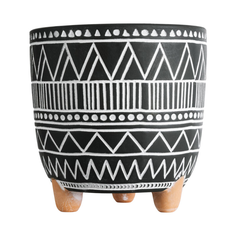 GloboStar® Artificial Garden NAIROBI 20509 Διακοσμητικό Κεραμικό Κασπώ Γλάστρα – Flower Pot Μαύρο με Λευκό Φ16 x Υ16cm