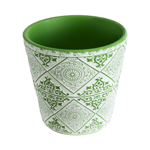 GloboStar® Artificial Garden ASWAN 20515 Διακοσμητικό Κεραμικό Κασπώ Γλάστρα – Flower Pot Λευκό με Πράσινο Φ14 x Υ13cm