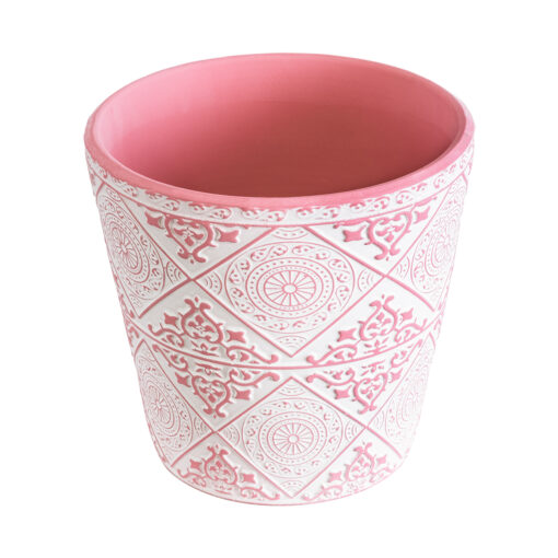 GloboStar® Artificial Garden CAIRO 20516 Διακοσμητικό Κεραμικό Κασπώ Γλάστρα – Flower Pot Λευκό με Ροζ Φ14 x Υ13cm