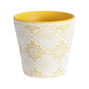 GloboStar® Artificial Garden RABAT 20518 Διακοσμητικό Κεραμικό Κασπώ Γλάστρα – Flower Pot Λευκό με Κίτρινο Φ14 x Υ13cm
