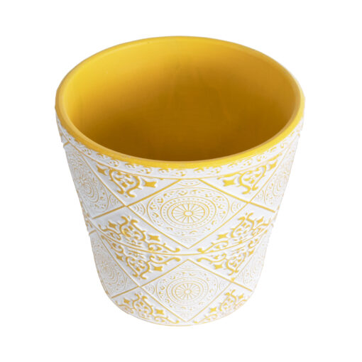 GloboStar® Artificial Garden RABAT 20518 Διακοσμητικό Κεραμικό Κασπώ Γλάστρα – Flower Pot Λευκό με Κίτρινο Φ14 x Υ13cm