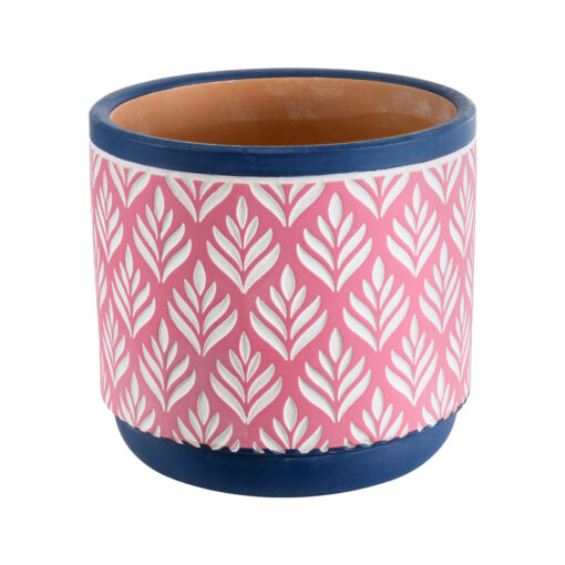GloboStar® Artificial Garden BOMBAY 20521 Διακοσμητικό Κεραμικό Κασπώ Γλάστρα – Flower Pot Ροζ με Λευκό και Μπλε Φ14.5 x Υ13cm