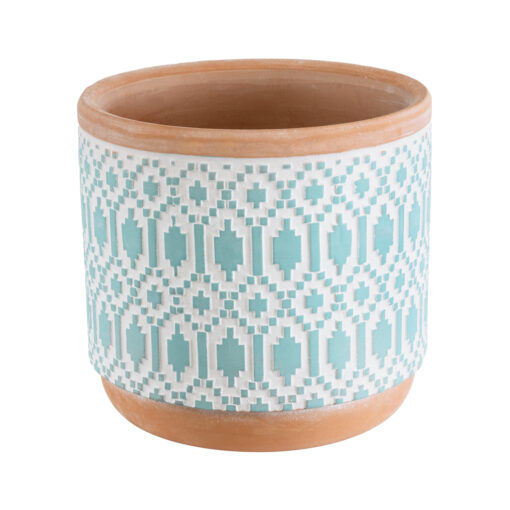 GloboStar® Artificial Garden DELHI 20523 Διακοσμητικό Κεραμικό Κασπώ Γλάστρα – Flower Pot Γαλάζιο με Λευκό και Μπεζ Φ14.5 x Υ13cm