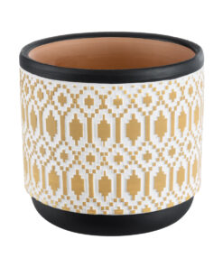 GloboStar® Artificial Garden VARANASI 20524 Διακοσμητικό Κεραμικό Κασπώ Γλάστρα – Flower Pot Χρυσό με Λευκό και Μαύρο Φ14.5 x Υ13cm