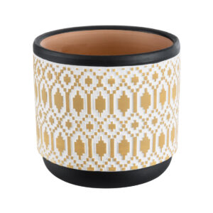 GloboStar® Artificial Garden VARANASI 20524 Διακοσμητικό Κεραμικό Κασπώ Γλάστρα – Flower Pot Χρυσό με Λευκό και Μαύρο Φ14.5 x Υ13cm