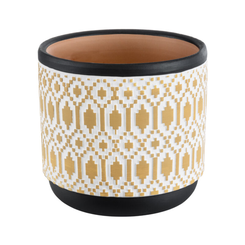 GloboStar® Artificial Garden VARANASI 20524 Διακοσμητικό Κεραμικό Κασπώ Γλάστρα – Flower Pot Χρυσό με Λευκό και Μαύρο Φ14.5 x Υ13cm