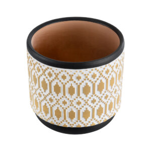 GloboStar® Artificial Garden VARANASI 20524 Διακοσμητικό Κεραμικό Κασπώ Γλάστρα – Flower Pot Χρυσό με Λευκό και Μαύρο Φ14.5 x Υ13cm