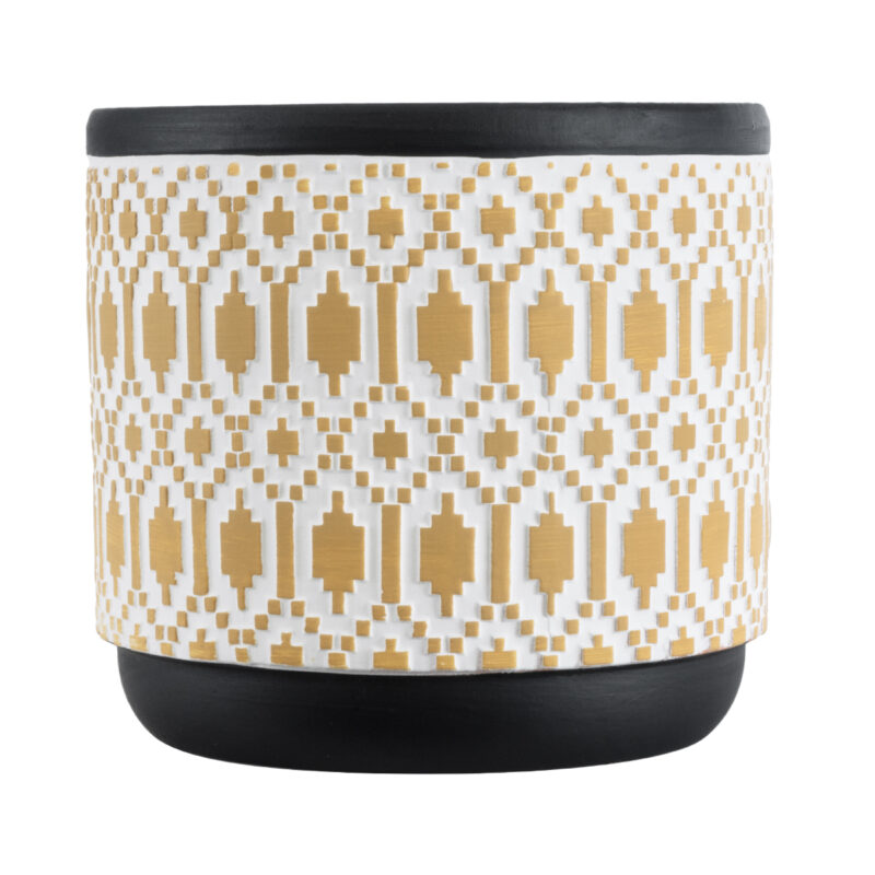 GloboStar® Artificial Garden VARANASI 20524 Διακοσμητικό Κεραμικό Κασπώ Γλάστρα – Flower Pot Χρυσό με Λευκό και Μαύρο Φ14.5 x Υ13cm