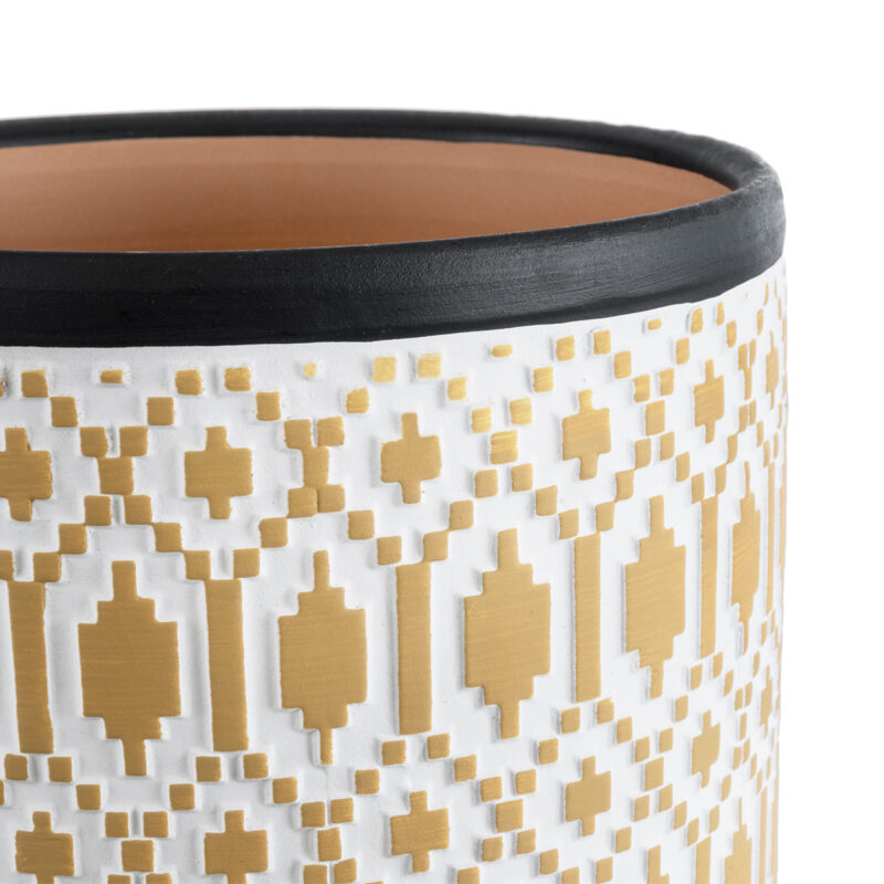 GloboStar® Artificial Garden VARANASI 20524 Διακοσμητικό Κεραμικό Κασπώ Γλάστρα – Flower Pot Χρυσό με Λευκό και Μαύρο Φ14.5 x Υ13cm