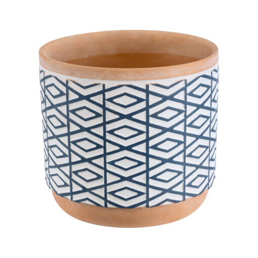 GloboStar® Artificial Garden KOLKATA 20525 Διακοσμητικό Κεραμικό Κασπώ Γλάστρα – Flower Pot Λευκό με Μπλε και Μπεζ Φ14.5 x Υ13cm