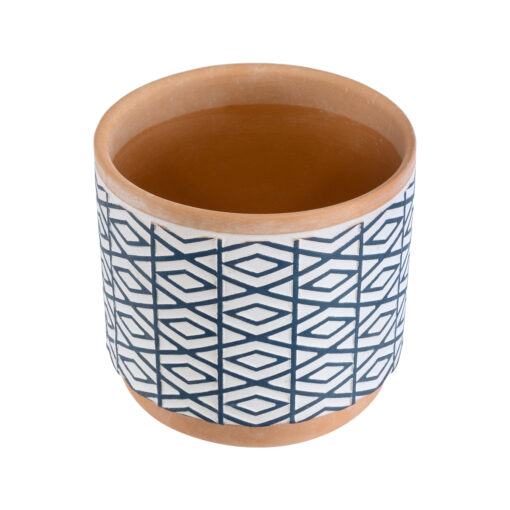 GloboStar® Artificial Garden KOLKATA 20525 Διακοσμητικό Κεραμικό Κασπώ Γλάστρα – Flower Pot Λευκό με Μπλε και Μπεζ Φ14.5 x Υ13cm