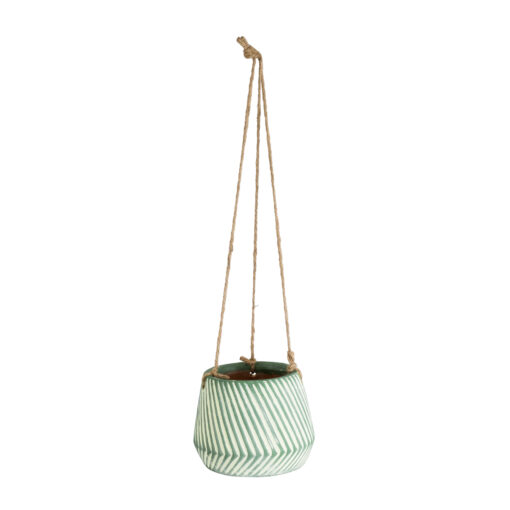 GloboStar® Artificial Garden BUBASTIS 20527 Κρεμαστό Διακοσμητικό Κεραμικό Κασπώ Γλάστρα – Flower Pot Λευκό με Πράσινο Φ13 x Υ10.5cm