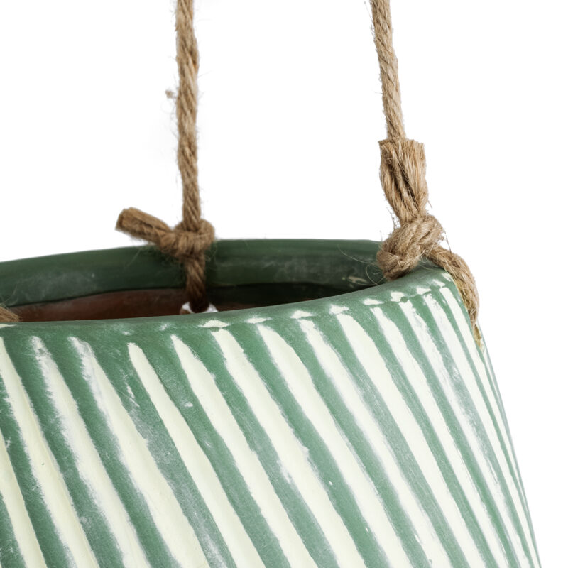 GloboStar® Artificial Garden BUBASTIS 20527 Κρεμαστό Διακοσμητικό Κεραμικό Κασπώ Γλάστρα – Flower Pot Λευκό με Πράσινο Φ13 x Υ10.5cm