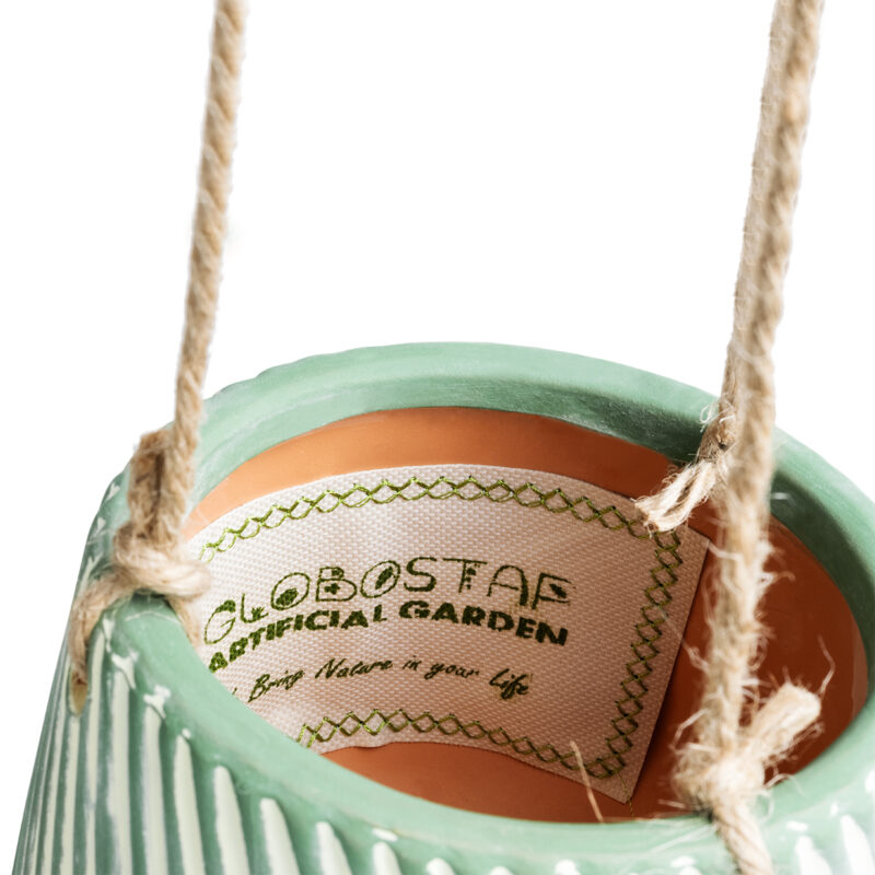 GloboStar® Artificial Garden BUBASTIS 20527 Κρεμαστό Διακοσμητικό Κεραμικό Κασπώ Γλάστρα – Flower Pot Λευκό με Πράσινο Φ13 x Υ10.5cm