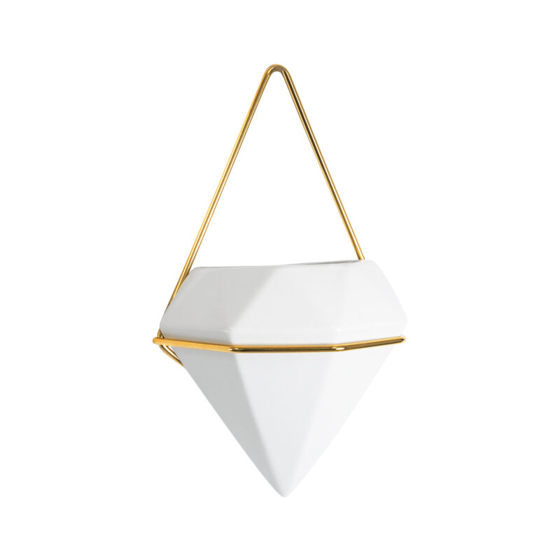 GloboStar® Artificial Garden LOUVRE 20533 Διακοσμητικό Κεραμικό Κασπώ Γλάστρα – Flower Pot Λευκό με Χρυσό Μ15 x Π8 x Υ24cm