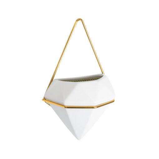 GloboStar® Artificial Garden LOUVRE 20533 Διακοσμητικό Κεραμικό Κασπώ Γλάστρα – Flower Pot Λευκό με Χρυσό Μ15 x Π8 x Υ24cm