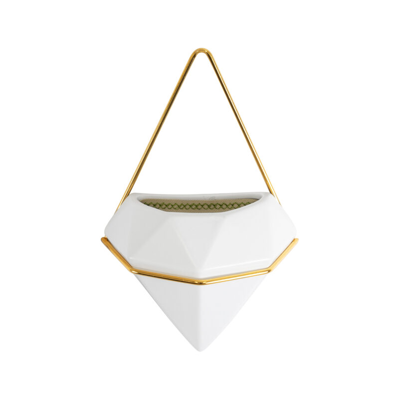 GloboStar® Artificial Garden LOUVRE 20533 Διακοσμητικό Κεραμικό Κασπώ Γλάστρα – Flower Pot Λευκό με Χρυσό Μ15 x Π8 x Υ24cm