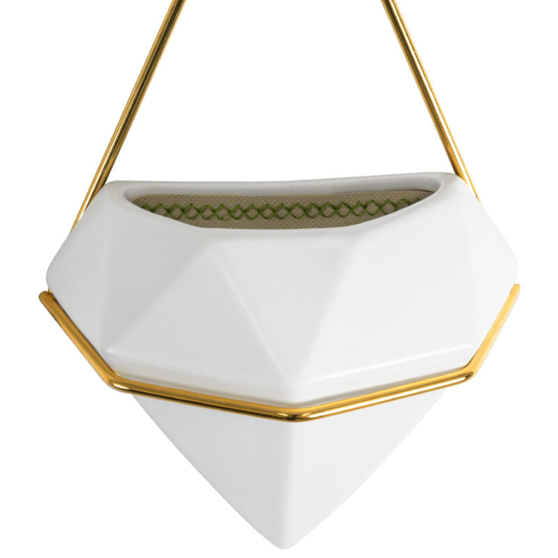 GloboStar® Artificial Garden LOUVRE 20533 Διακοσμητικό Κεραμικό Κασπώ Γλάστρα – Flower Pot Λευκό με Χρυσό Μ15 x Π8 x Υ24cm