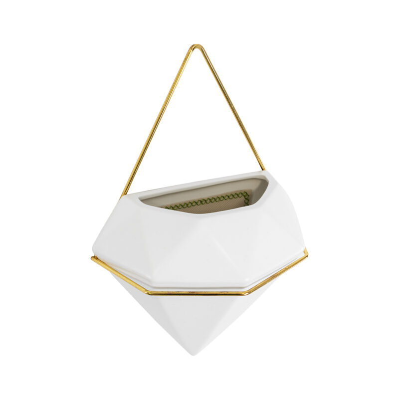 GloboStar® Artificial Garden LOUVRE 20534 Διακοσμητικό Κεραμικό Κασπώ Γλάστρα – Flower Pot Λευκό με Χρυσό Μ20 x Π10.5 x Υ30cm