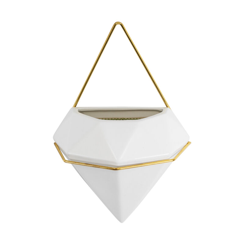 GloboStar® Artificial Garden LOUVRE 20534 Διακοσμητικό Κεραμικό Κασπώ Γλάστρα – Flower Pot Λευκό με Χρυσό Μ20 x Π10.5 x Υ30cm